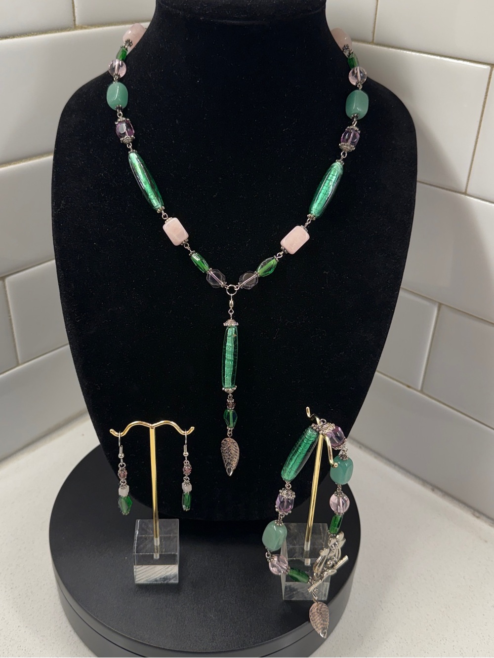 Rose Quartz Aventurine and Glass Beaded Necklace Earring and Bracelet Set